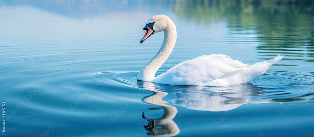 Poster graceful swan bird gliding across turquoise blue lake, casting a beautiful reflection on the calm wa