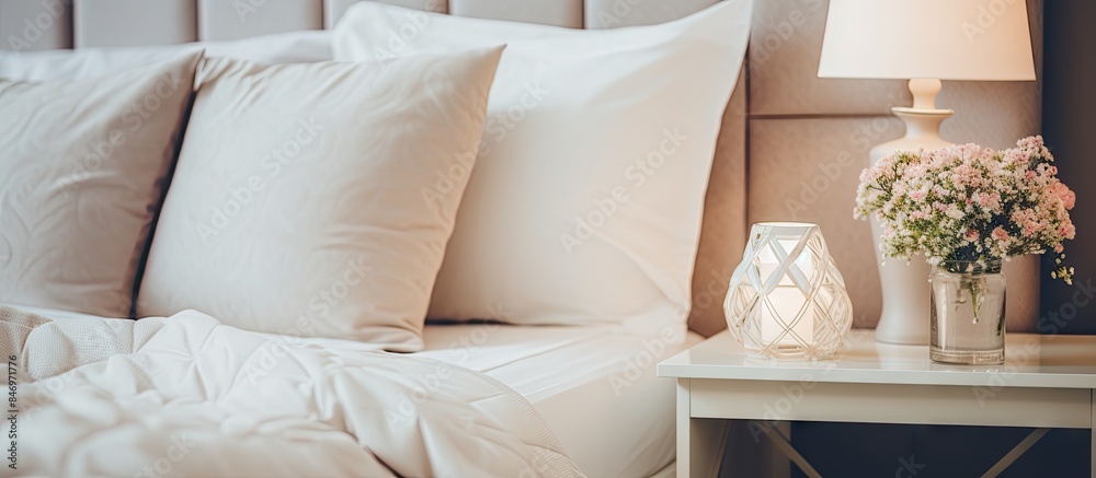 Poster vase of flowers sitting on nightstand next to bed in elegant modern bedroom. with copy space image. 