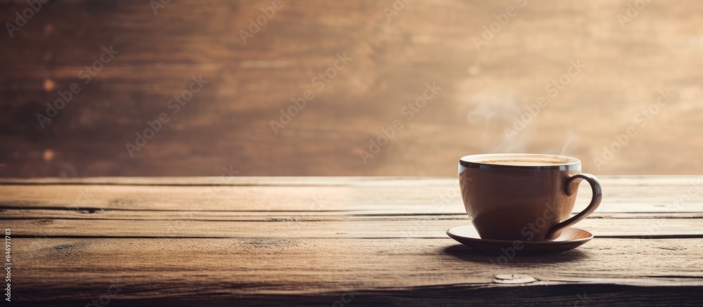 Poster Vintage coffee cup placed on a weathered wood tabletop, creating a nostalgic ambiance. with copy space image. Place for adding text or design