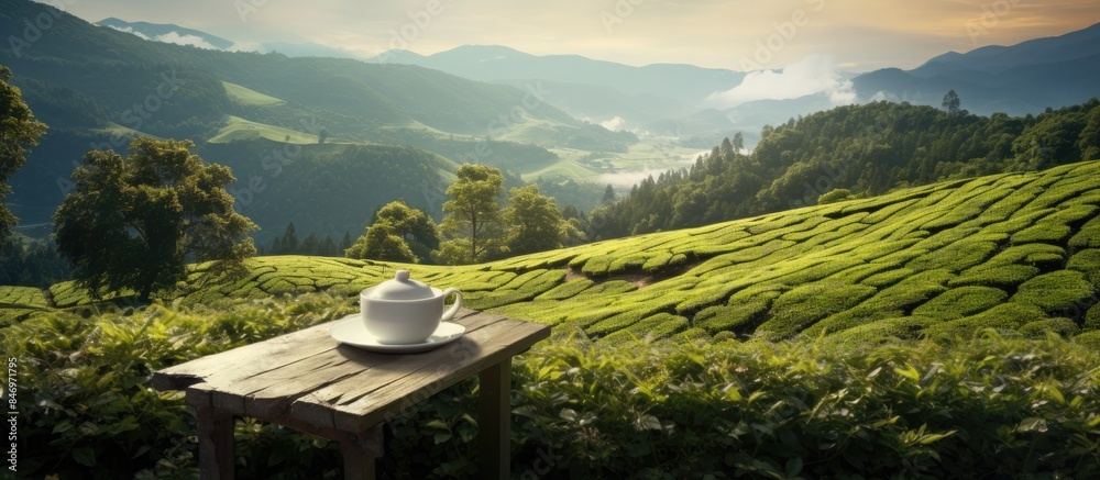Aufkleber a serene spot to savor tea amidst lush greenery in a tranquil tea plantation setting. with copy spac
