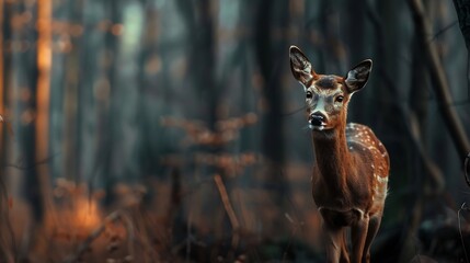 Roedeer in the forest looking towards the camera Dark and muted colors in green and brown tones Foreground and background are blurry : Generative AI