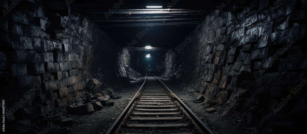Aufkleber Train locomotive moving through a dark and dimly lit tunnel constructed for a railway deep underground. with copy space image. Place for adding text or design