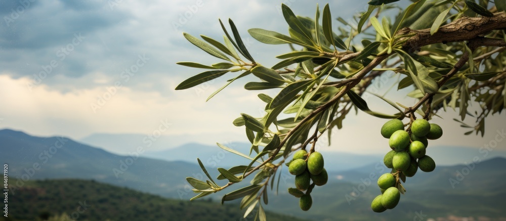 Leinwandbilder Numerous green olives hanging abundantly from a branch of an olive tree on a cloudy day with its leaves. with copy space image. Place for adding text or design
