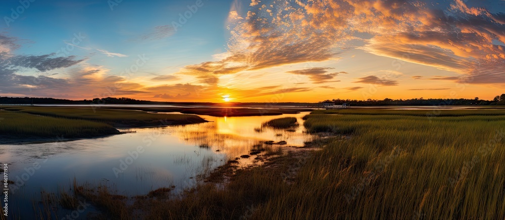 Leinwandbilder the sun setting over a serene salt marsh, casting warm hues over the calm waters and lush greenery. 