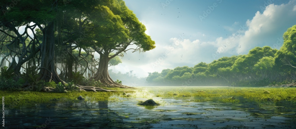 Poster Scenic view of a serene river surrounded by abundant trees and grass, highlighting the importance of preserving mangrove forests for future generations. with copy space image