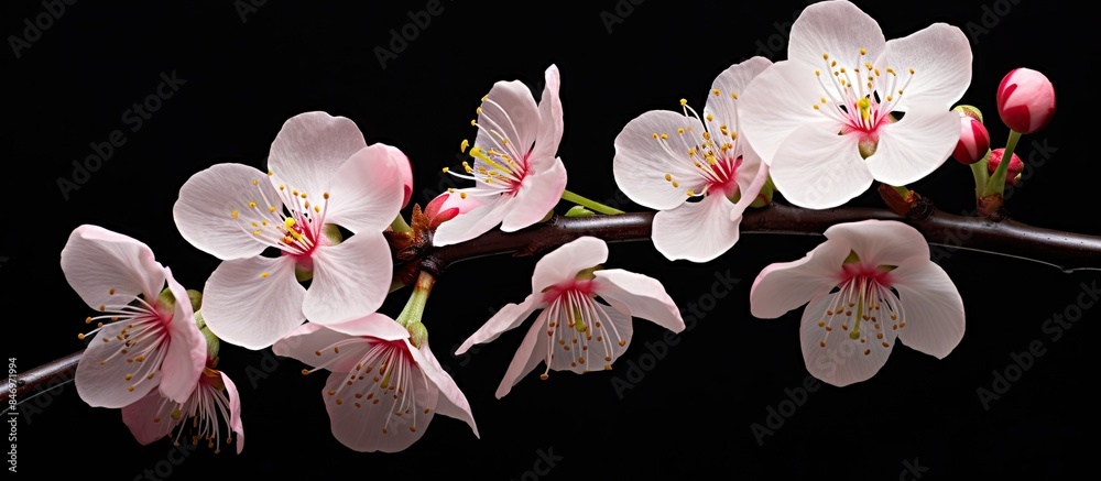 Aufkleber Close-up view of a branch from a cherry tree showcasing its delicate blossoms. with copy space image. Place for adding text or design