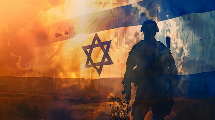 Naklejka premium Soldier Silhouette Israeli Flag Sunset Patriotic Military Defense Symbolism