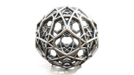Fototapeta premium High-detail 3D-printed metallic geometric sphere showcasing intricate lattice design on a white background, highlighting modern 3D printing technology.