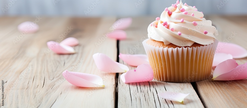Poster vanilla cupcake topped with white frosting and pink sprinkles displayed on a rustic wooden table. wi