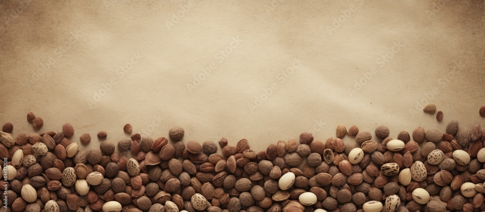 Aufkleber Close-up view of assorted nuts and seeds on a textured brown background, creating a natural and wholesome composition. with copy space image. Place for adding text or design