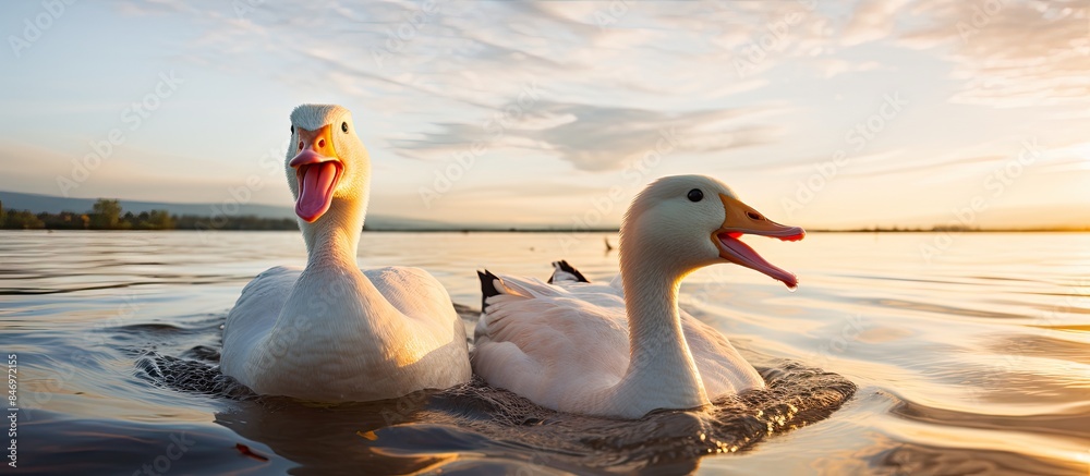 Poster Pair of white ducks floating and moving on the water together in a serene setting. with copy space image. Place for adding text or design