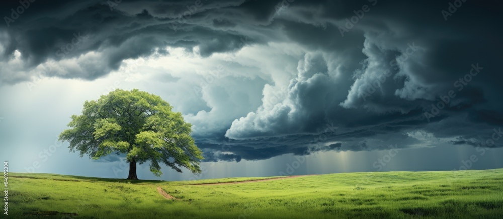 Aufkleber A solitary tree stands tall in a vast field as storm clouds gather in the background. with copy space image. Place for adding text or design