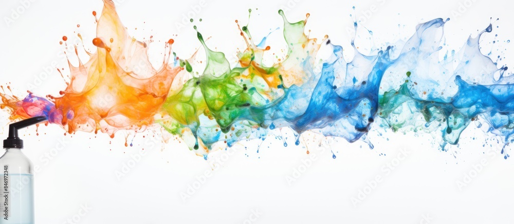 Poster Close-up shot of a spray bottle containing a variety of paint colors in a rainbow pattern. with copy space image. Place for adding text or design