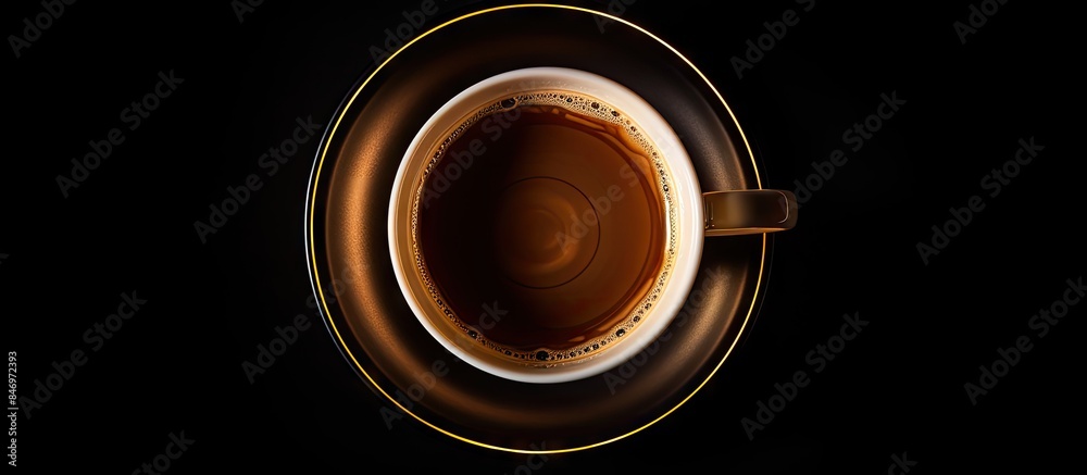 Aufkleber Close-up view of a single cup of coffee with a black background, providing space for text. with copy space image. Place for adding text or design