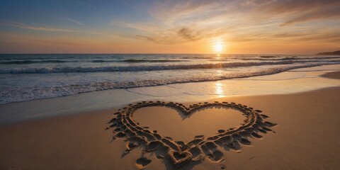 A romantic moment captured with a heart drawn in the sand against the backdrop of a beautiful sunset on a beach
