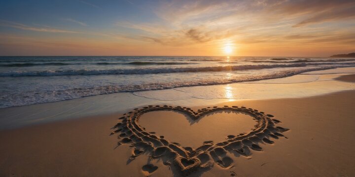 A romantic moment captured with a heart drawn in the sand against the backdrop of a beautiful sunset on a beach