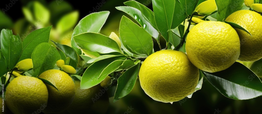 Leinwandbilder bunch of vibrant yellow lemons hanging on branches amidst green foliage in a close-up view. with cop