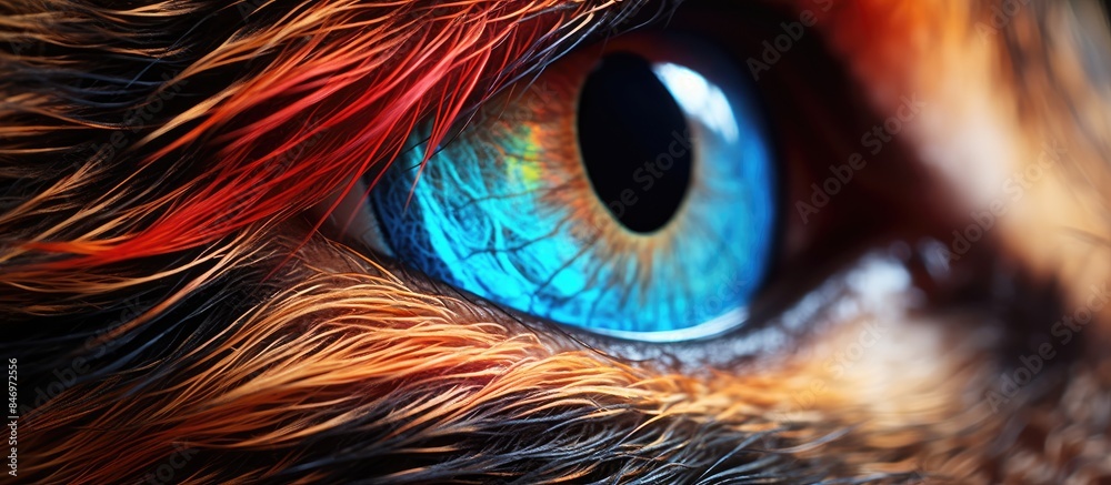Aufkleber Dog's eye in close-up showcasing a distinct red and blue iris, creating a captivating and colorful image. with copy space image. Place for adding text or design