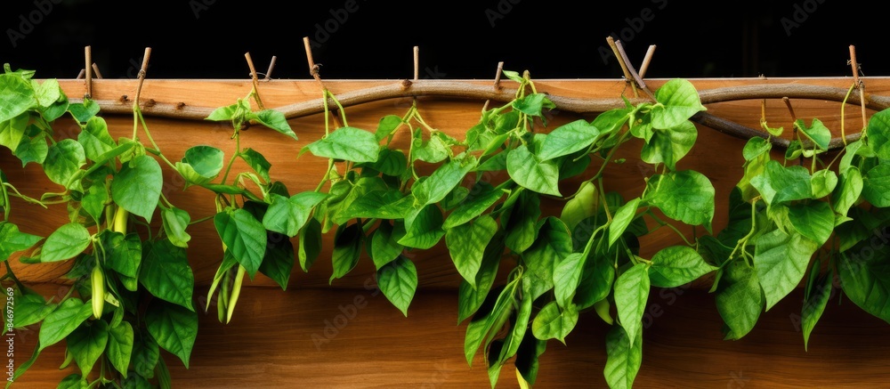 Leinwandbilder lush green plants hanging densely from a rustic wooden wall, creating a vibrant natural display. wit
