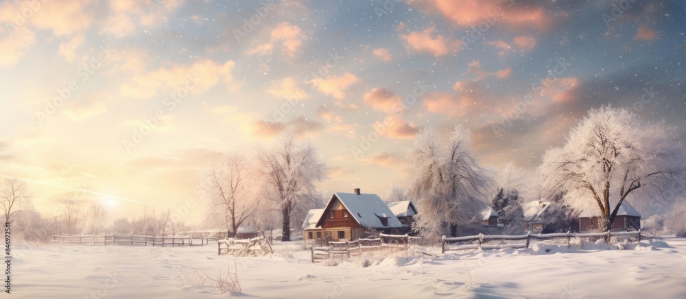 Poster snow-covered landscape featuring a cozy cabin nestled among frosty trees. with copy space image. pla