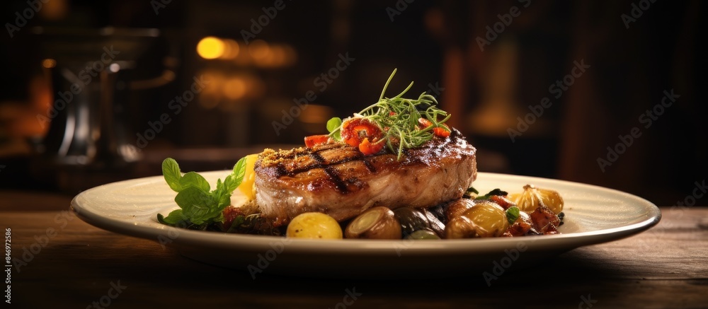 Aufkleber A close-up view of a dish with meat and assorted vegetables, showcasing a delicious and nutritious meal. with copy space image. Place for adding text or design