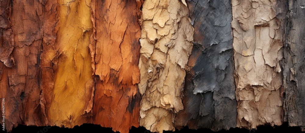 Fototapete A variety of colorful trees are seen up close with distinct bark textures and pine resin sap. with copy space image. Place for adding text or design