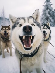 Naklejka premium A group of dogs pulling a sled down a snowy slope, perfect for winter scenes or outdoor activities