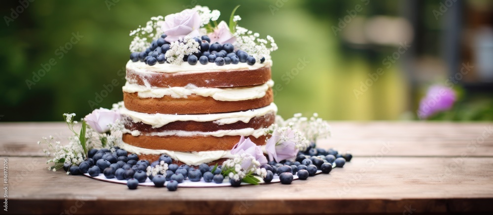 Poster vintage naked cake with blueberries and floral decorations displayed on a table during a wedding cer