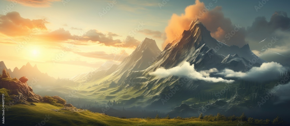 Poster Silhouetted mountain under colorful sunset sky with clouds and sun rising in the morning. with copy space image. Place for adding text or design
