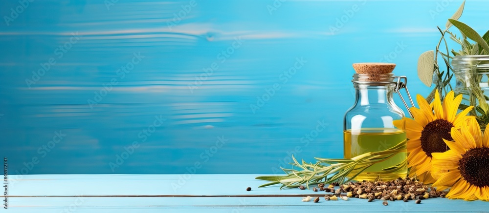 Leinwandbilder glass bottle containing sunflowers and olive oil placed on a blue wooden table, creating a rustic se