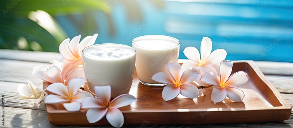 Aufkleber tray holding two glasses filled with milk and a delicate flower, creating a simple and elegant displ