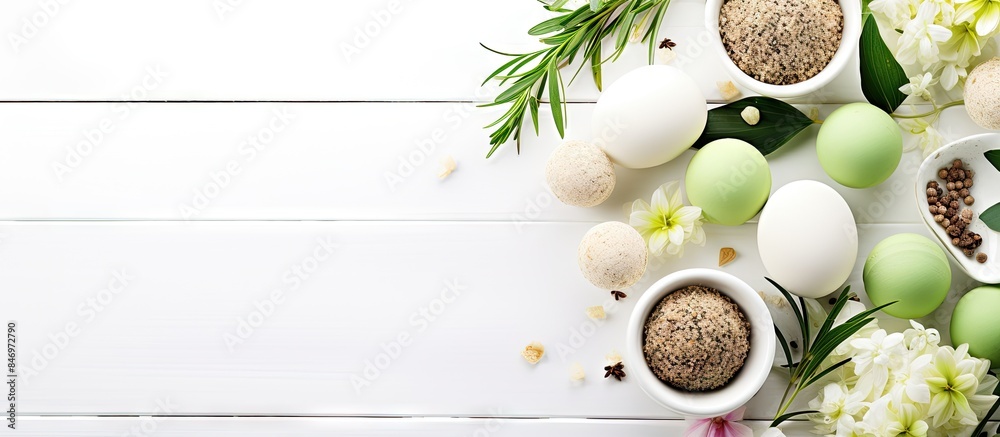 Aufkleber eggs and colorful flowers arranged on a clean white table, set against a plain white background. wit