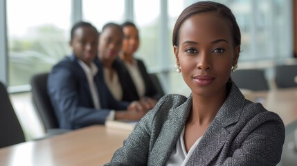 Obraz premium A woman sits at a table surrounded by people, suitable for editorial or commercial use