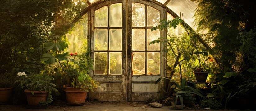Entrance to a green garden featuring various plants in pots through a rustic door. with copy space image. Place for adding text or design