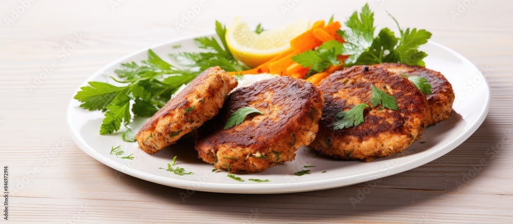 Poster Plate holds three meat pieces accompanied by a lemon wedge, with rissoles, carrot, and greens on a white background. with copy space image. Place for adding text or design