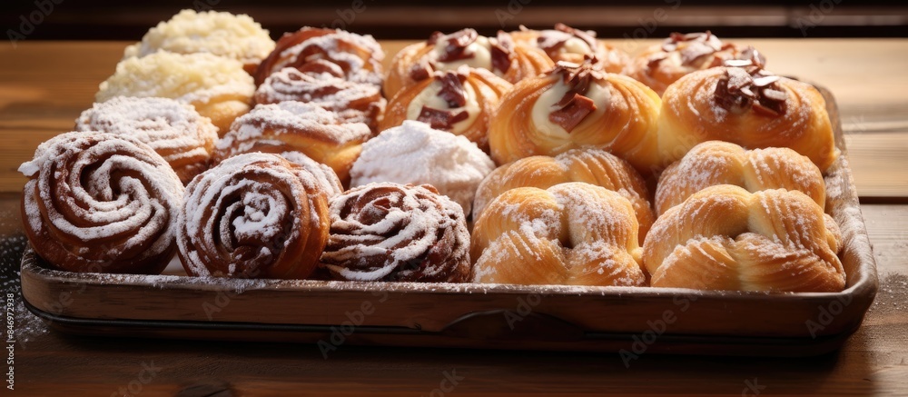 Leinwandbilder freshly baked assortment of italian pastries displayed on a serving tray on a wooden table. with cop