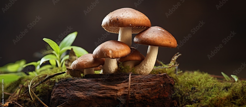 Aufkleber mushrooms growing on a wooden log covered with green moss against a dark background. with copy space