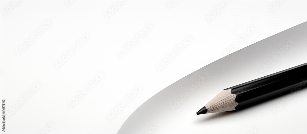 Poster Laying black pencil on stark white background, Close-up of pencil drawing black line on white paper. with copy space image. Place for adding text or design