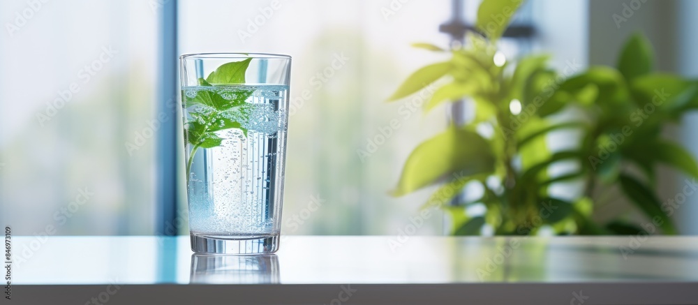 Poster Glass containing fresh water adorned with a vibrant green leaf, perfect for a hydrating morning ritual. with copy space image. Place for adding text or design