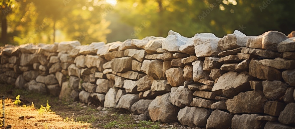 Poster sunlight shines through the thick foliage of the forest, casting a warm glow on the rugged stone wal