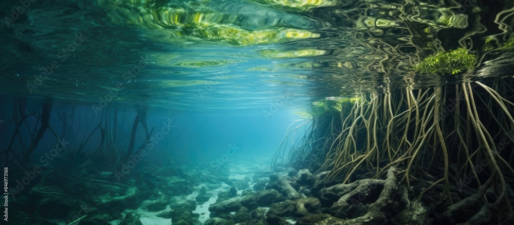 Fototapete mangrove forest filled with lush foliage, intricate twig roots, and flourishing in the water's edge,
