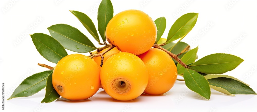 Poster ripe loquat fruits, characterized by their yellow color and green leaves, isolated on a clean white 
