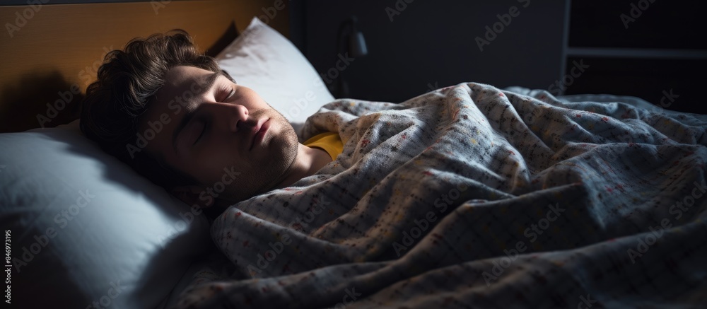 Poster Young man deeply sleeping in bed, snoring while covered with a blanket and resting on a pillow. with copy space image. Place for adding text or design