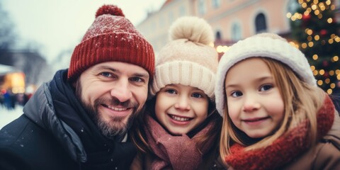 Fototapeta premium A father and his daughters smiling for the camera, a moment of happiness and love