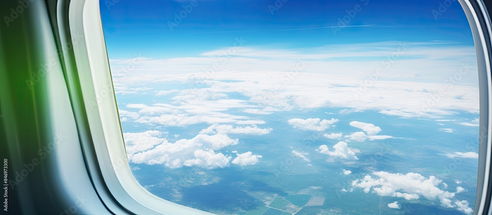 Poster through the window of an airplane, the view shows blue skies, green land during landing, and the ear