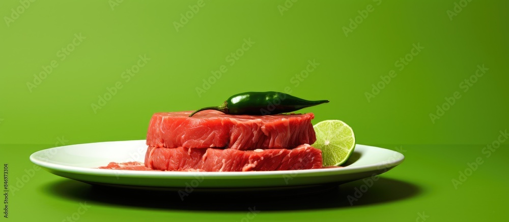 Leinwandbilder raw beef meat and fresh green peppers arranged on a white plate. with copy space image. place for ad