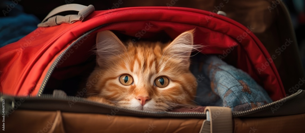 Poster Red cat comfortably rests inside a travel bag with a close-up view. with copy space image. Place for adding text or design