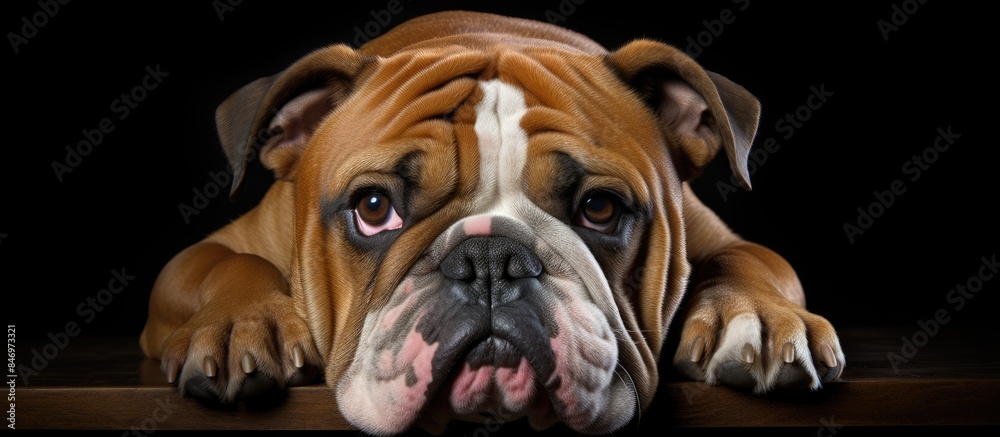 Poster Red brindle English bulldog displays a melancholic look on a solid black background. with copy space image. Place for adding text or design