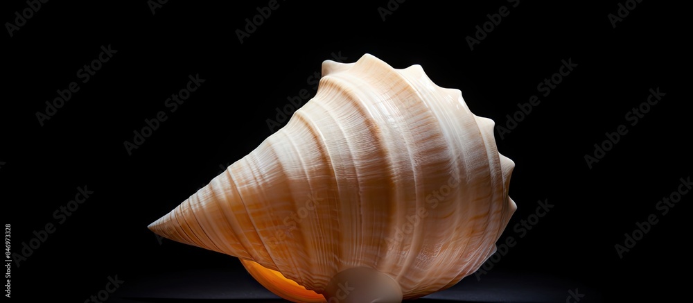 Poster Seashell placed on a black surface, beautifully contrasted by the dark background. with copy space image. Place for adding text or design
