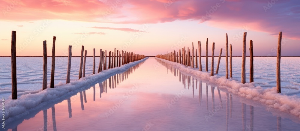 Poster Wooden poles are arranged along a frozen lake, creating a striking visual against the icy landscape. with copy space image. Place for adding text or design